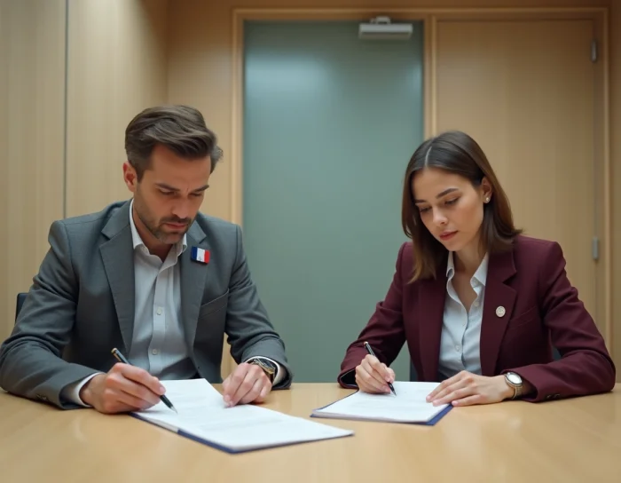 Dos personalidades políticas sentadas separadamente durante una reunión formal, ilustrando los rumores de pareja desmentidos