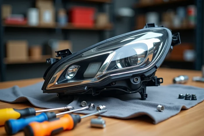 Faro delantero desmontado de un Peugeot 2008 colocado sobre un banco de trabajo con las herramientas necesarias para el desmontaje