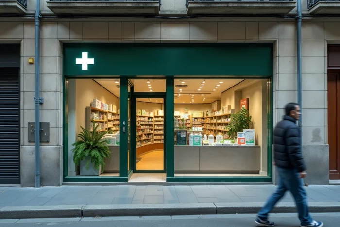 Fachada de una farmacia española en Barcelona ilustrando el marco legal de venta de poppers en España