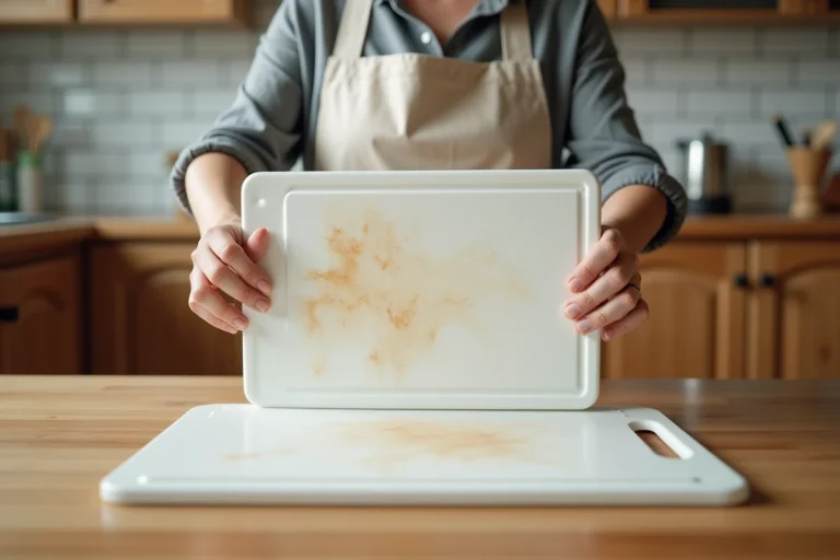 Femme tenant une planche à découper en plastique usée et rayée au-dessus d'un plan de travail en bois dans une cuisine moderne