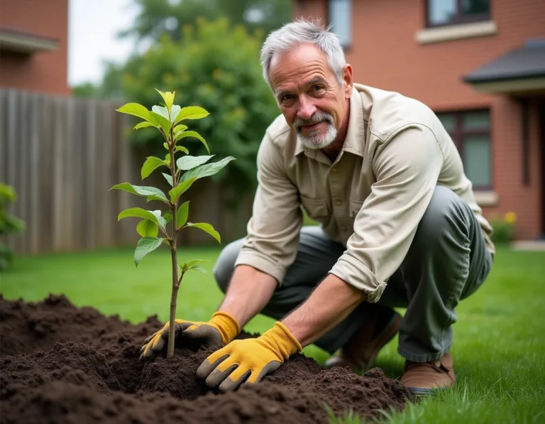 Homme plantant un jeune arbre à bonne distance de la maison dans un jardin résidentiel
