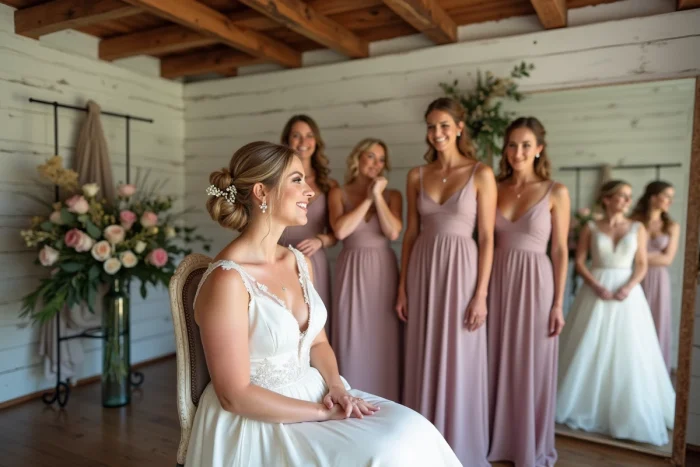 Novia preparándose en un granero rústico rodeada de sus damas de honor en vestidos de satén rosa pálido durante los preparativos de la boda