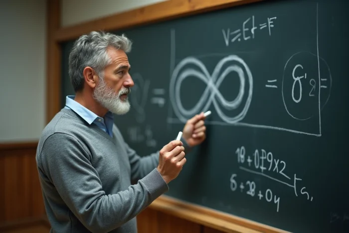 Profesor de matemáticas explicando el símbolo infinito en una pizarra cubierta de ecuaciones