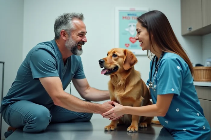 Un propietario agradecido estrecha la mano de su veterinaria después de una consulta exitosa con su perro golden retriever