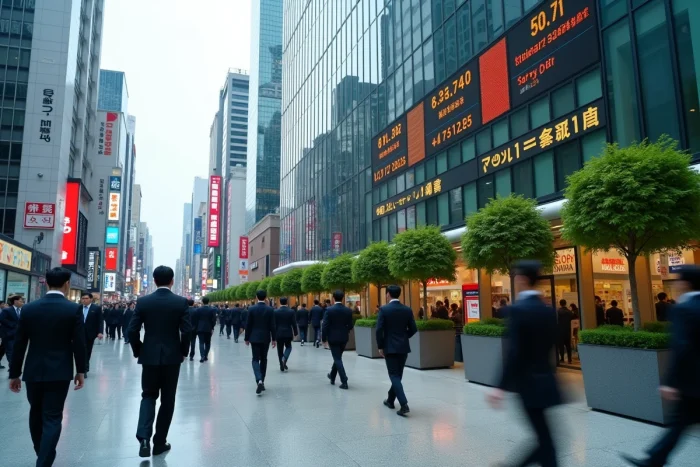 Escena de calle animada en el distrito financiero de Tokio con profesionales en traje y paneles bursátiles digitales