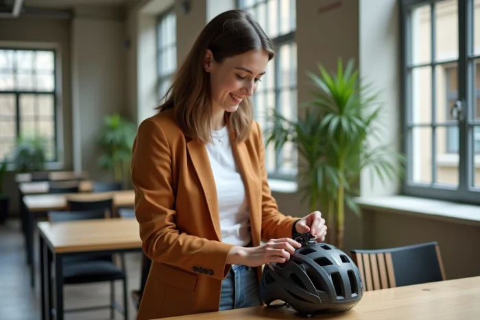 Mujer early adopter fijando un rastreador Rabbit Finder en su casco de bicicleta en un espacio de coworking