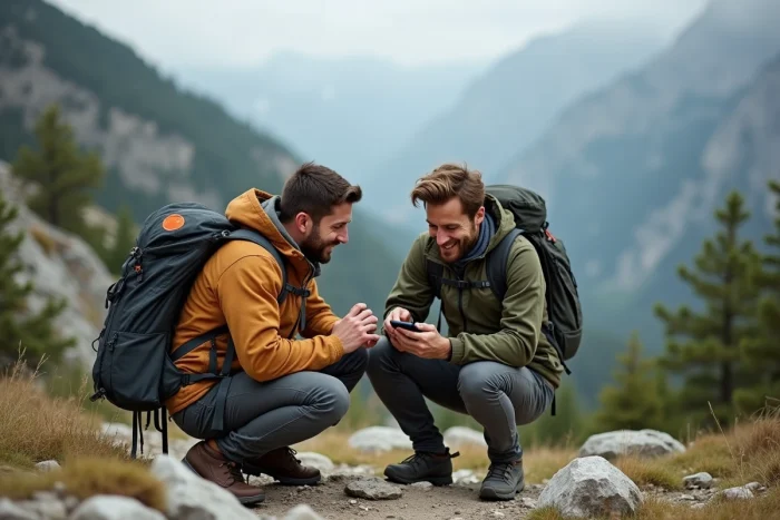 Pareja de excursionistas verificando su rastreador Rabbit Finder en un sendero montañoso del Vercors