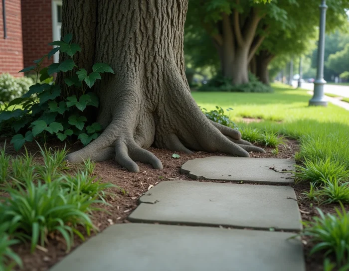 Raíces de árbol levantando un camino de concreto y dañando los cimientos de una casa