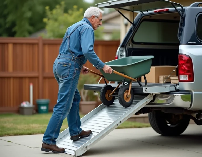 Homme utilisant une rampe de chargement en aluminium pour monter une brouette dans un pickup lors de travaux de bricolage