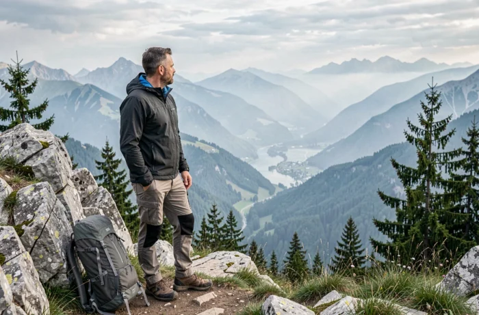 Randonneur contemplant un panorama de montagnes depuis un belvédère, inspiré pour voyager et explorer le monde