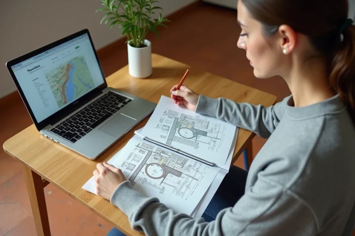 Mujer buscando el plano de la red de saneamiento de su casa en internet y documentos en papel