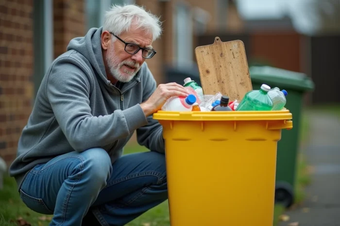 Hombre depositando una tabla de cortar de plástico rayada en un contenedor de reciclaje amarillo frente a una casa