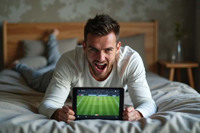 Joven viendo un partido de fútbol en directo en una tableta acostado en su cama