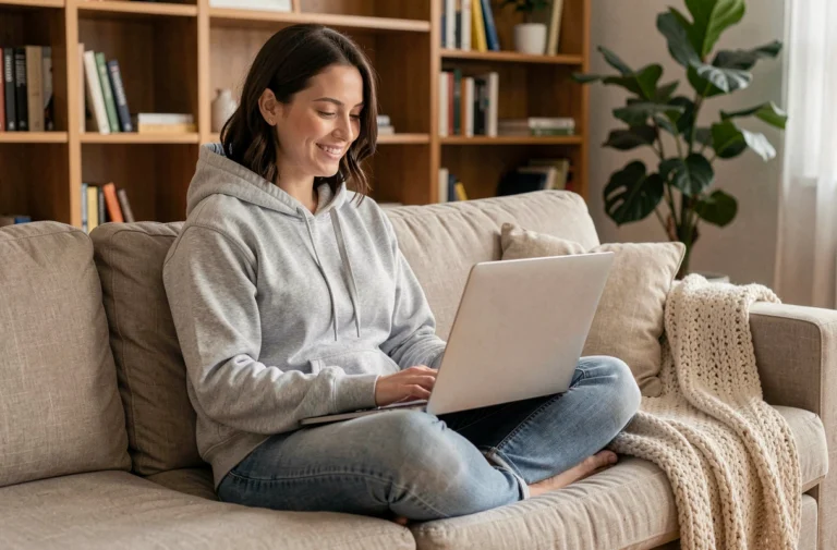 Femme regardant la télévision en ligne sur un ordinateur portable depuis son salon