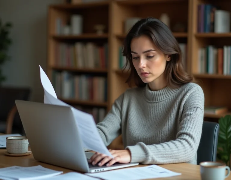 Femme consultant des documents administratifs sur un bureau en bois pour obtenir un remboursement EF
