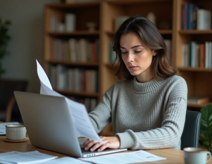 Femme consultant des documents administratifs sur un bureau en bois pour obtenir un remboursement EF