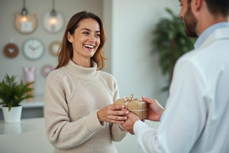 Une femme souriante offre un cadeau emballé à son vétérinaire dans une clinique vétérinaire accueillante pour le remercier de ses soins