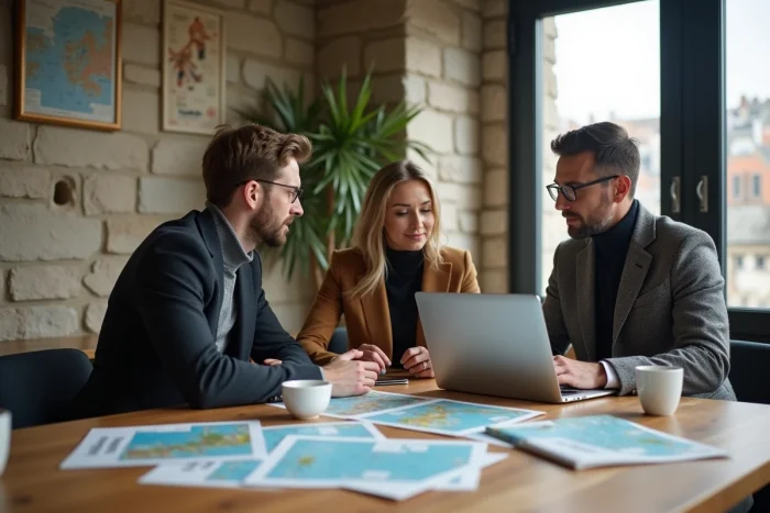 Equipo de profesionales en reunión en un espacio de coworking con paredes de piedra bretona, simbolizando el desarrollo económico y la innovación en Bretagne