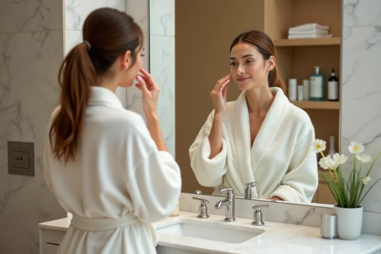 Femme appliquant sa crème hydratante devant un miroir de salle de bain en marbre, routine beauté du matin