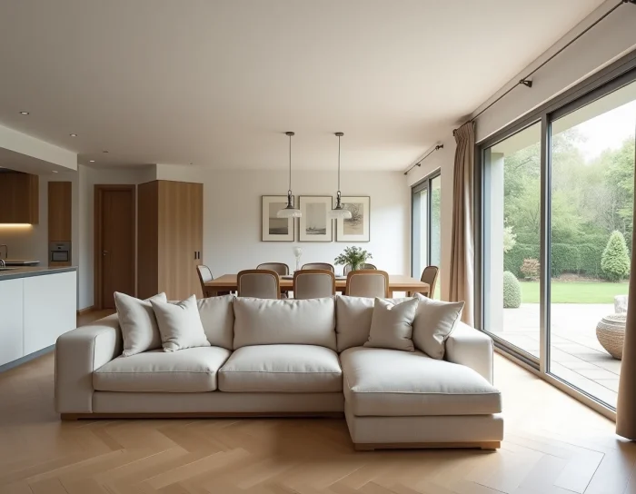 Sala espaciosa y cocina abierta de una casa tipo 5 con parquet y grandes ventanales