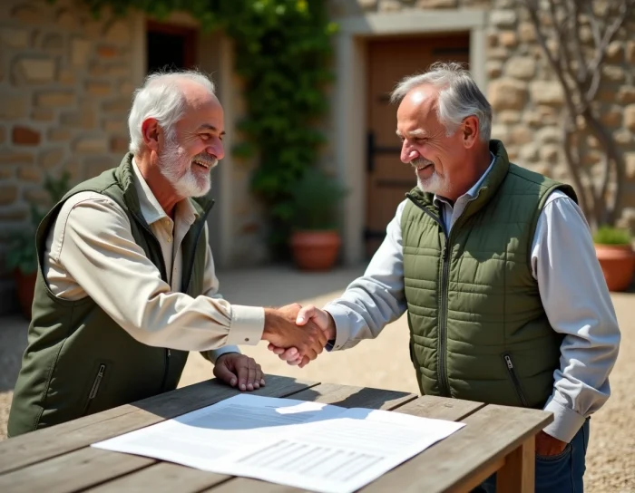 Propietario de tierras y agricultor dándose la mano después de la firma de un contrato de arrendamiento rural agrícola en un patio de granja