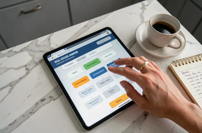 Vue rapprochée d'un sitemap de site immobilier affiché sur une tablette posée sur un plan de travail en marbre