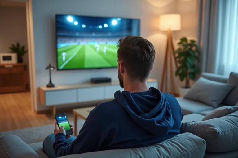 Homme regardant un match de sport en streaming sur grand écran TV depuis son salon moderne