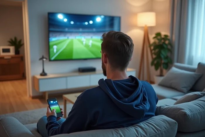 Homme regardant un match de sport en streaming sur grand écran TV depuis son salon moderne