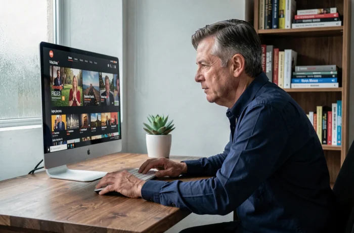 Homme utilisant un service de streaming TV en ligne sur un ordinateur de bureau à domicile