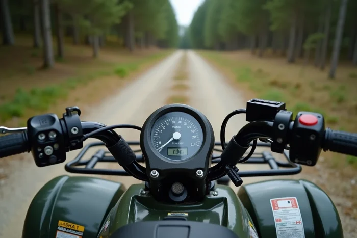 Primer plano del tablero de instrumentos y la placa de matrícula de un quad homologado para la carretera estacionado en el borde de un bosque en Francia