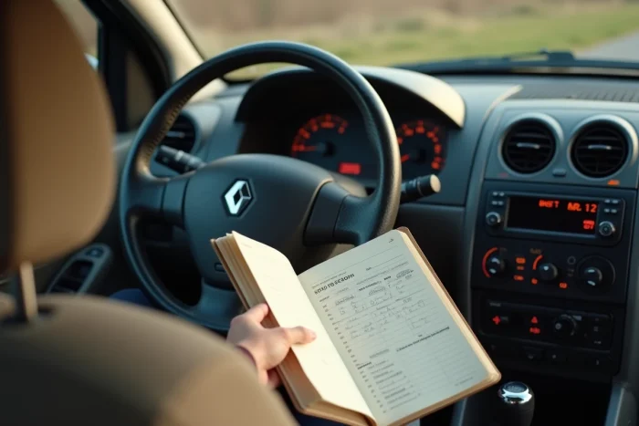 Tablero de instrumentos y libro de mantenimiento de una Renault Clio 3 Fase 2 documentando el seguimiento del mantenimiento