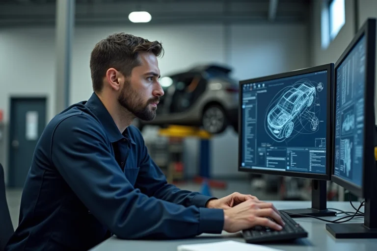 Technicien automobile consultant HaynesPro WorkshopData sur un écran d'ordinateur dans un garage professionnel
