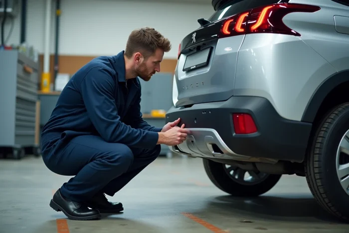 Technicien automobile inspectant les capteurs de stationnement arrière d'un Peugeot 3008 dans un garage professionnel