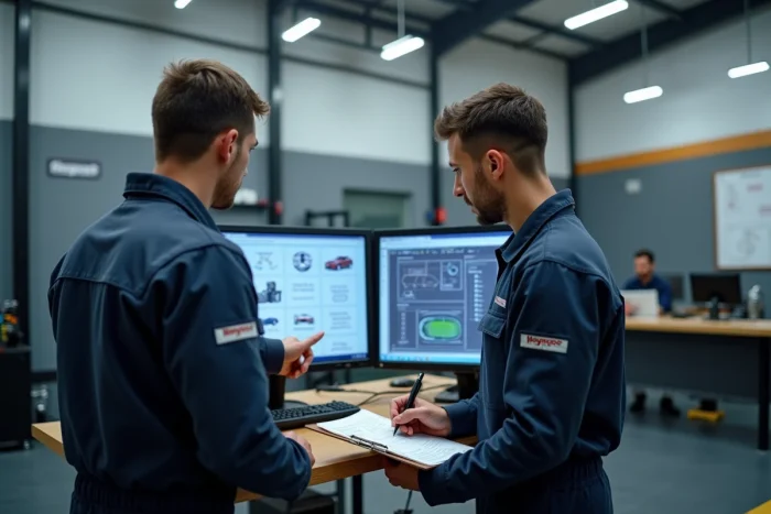 Dos técnicos automotrices colaborando en HaynesPro WorkshopData en un espacio de diagnóstico moderno