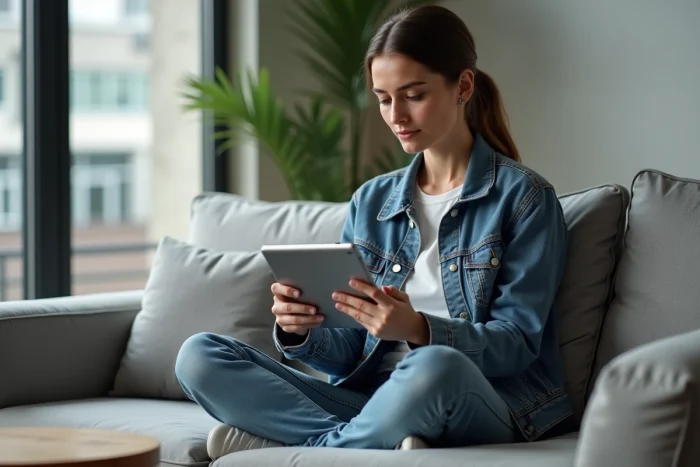 Mujer navegando en una tableta Android para descargar aplicaciones sin cuenta de Google desde su salón