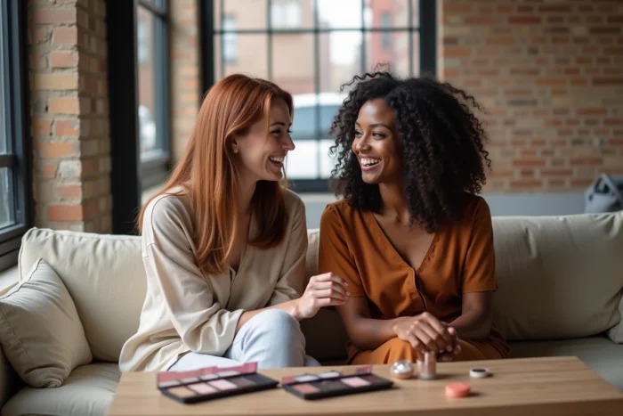 Dos mujeres de perfiles diferentes comparando productos de maquillaje rubor y iluminador en un loft urbano con ladrillos expuestos
