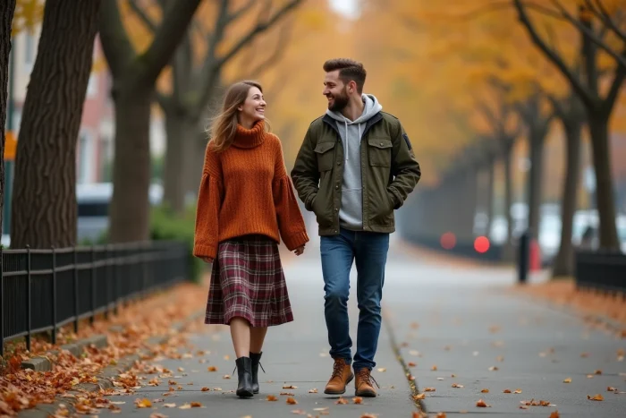 Dos amigos estilosos en atuendos otoñales superpuestos caminando por una avenida urbana bordeada de árboles