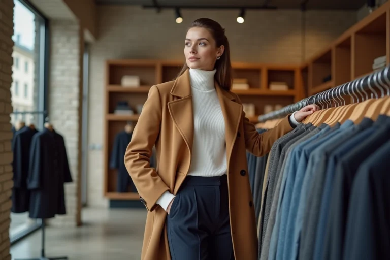 Femme élégante en manteau camel feuilletant des vêtements dans une boutique parisienne moderne