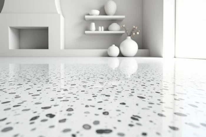 Azulejo efecto terrazo blanco con grandes fragmentos colocado en un interior depurado completamente blanco con chimenea de yeso y objetos esculpidos