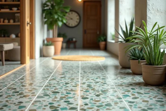 Azulejo efecto terrazo con fragmentos de vidrio reciclado en tonos aguamarina y ámbar colocado en un pasillo eco-responsable con paredes de hormigón bruto