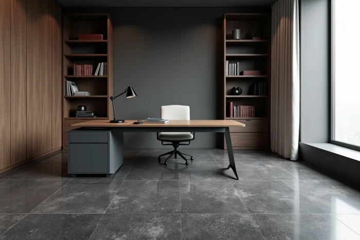 Azulejo efecto terrazo gris antracita en acabado mate con fragmentos oscuros colocado en una oficina moderna con escritorio minimalista y estanterías de madera