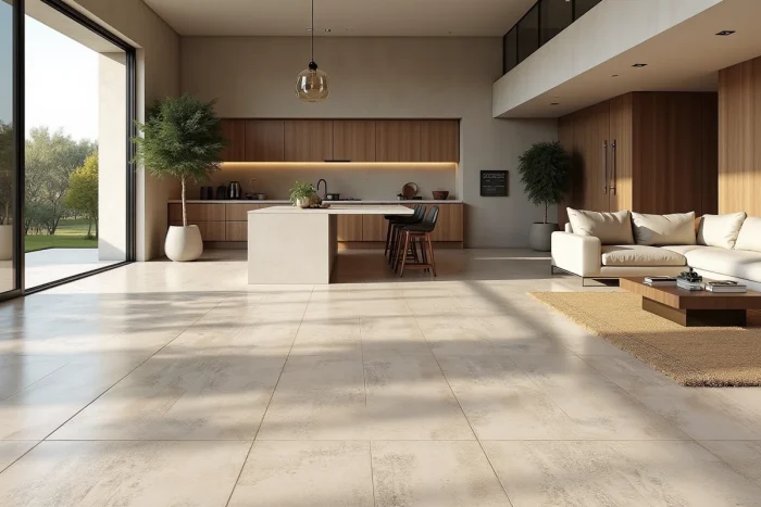 Azulejo efecto terrazo imitación piedra natural beige y gris colocado en continuidad en una gran sala-cocina abierta con isla de hormigón