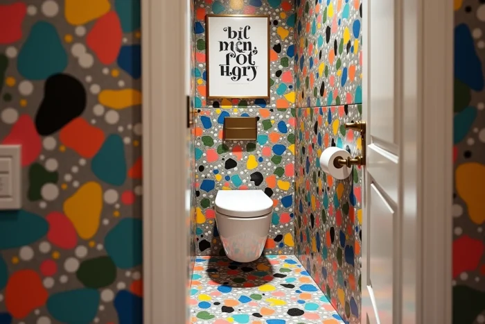 Azulejo efecto terrazo multicolor con fragmentos vivos amarillos, mostaza, azules y coral que visten las paredes y el suelo de WC gráficos y coloridos