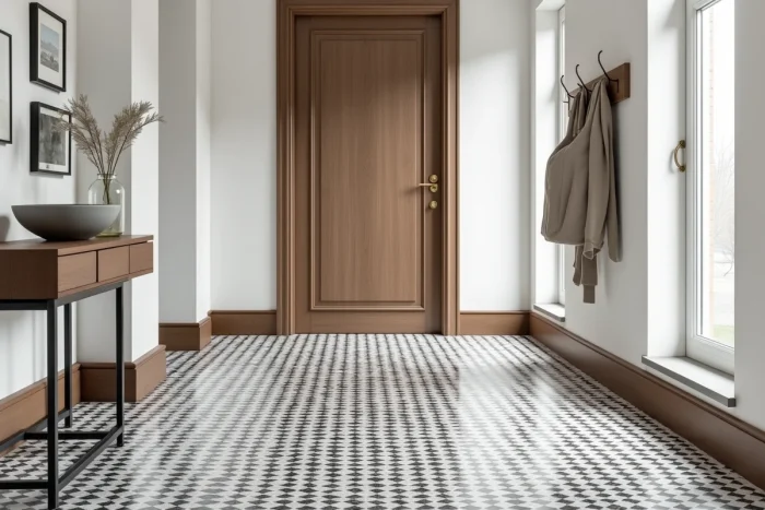 Pequeño azulejo efecto terrazo negro y blanco con patrón gráfico colocado en una entrada de apartamento con puerta de madera y consola delgada