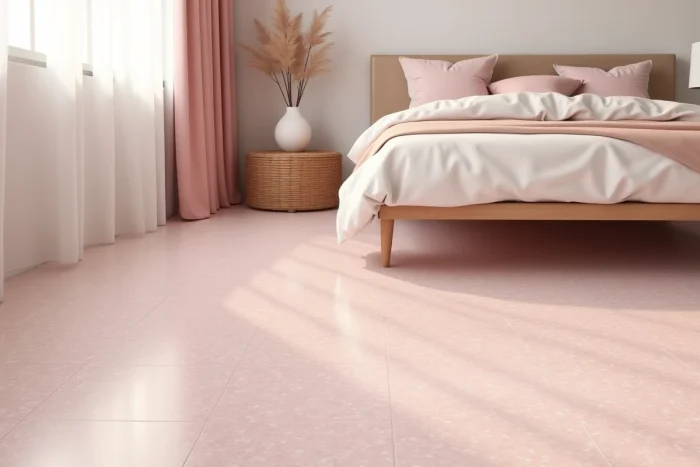 Azulejo efecto terrazo rosa empolvado con fragmentos marfil y malva colocado en una habitación suave y femenina con cama de lino y mesita de noche de ratán