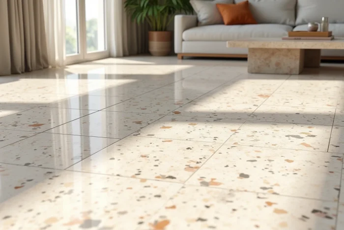 Gran azulejo efecto terrazo en tonos suaves en beige y gris claro instalado en una sala de estar moderna y espaciosa con sofá de lino
