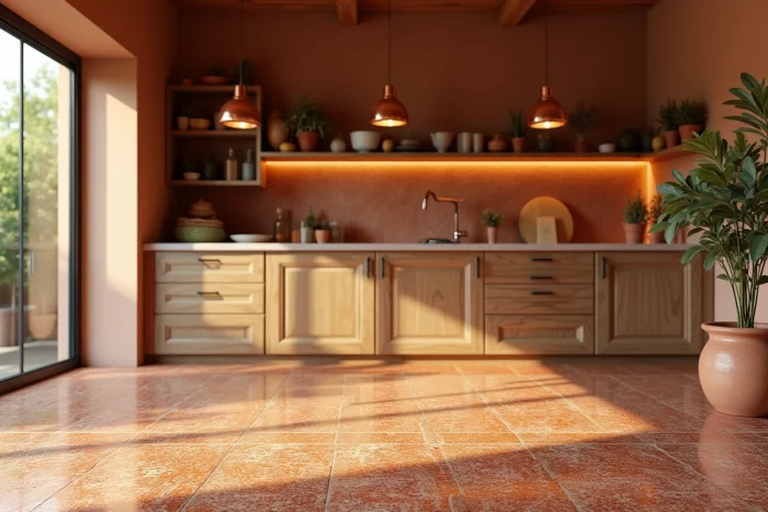 Azulejo efecto terrazo terracota con fragmentos ocres y marrones colocado en el suelo de una cocina cálida con muebles de roble y accesorios de cobre