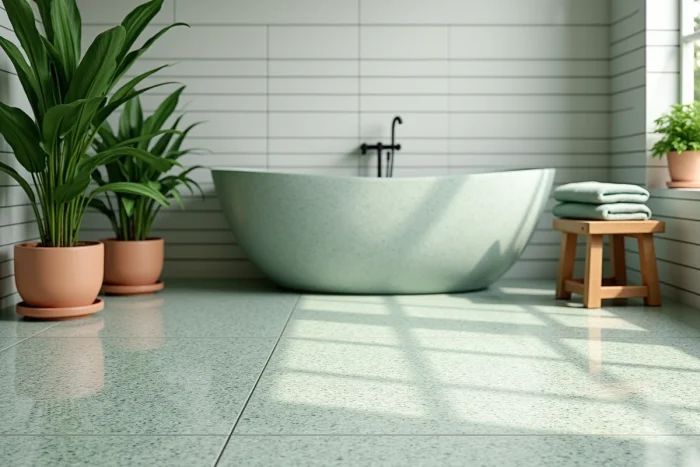 Azulejo efecto terrazo verde salvia con fragmentos grises y blancos instalado en un baño relajante con bañera isla y plantas verdes