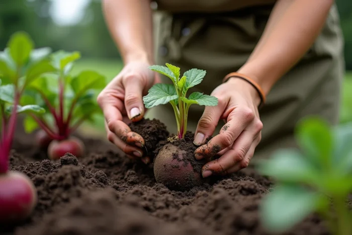 Jardinero trasplantando una planta de berenjena junto a remolachas en un huerto al aire libre
