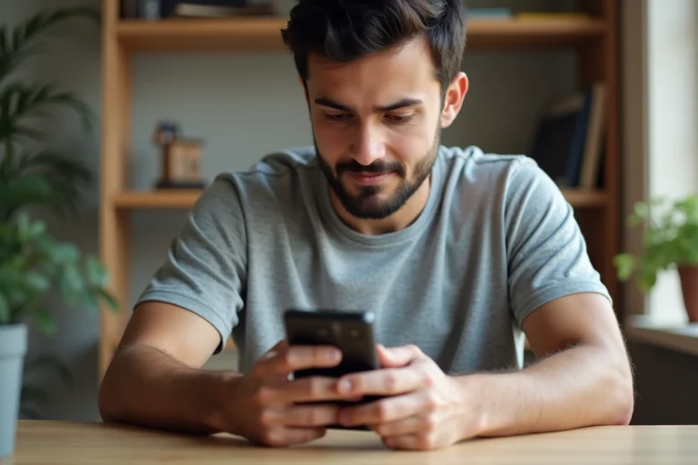 Homme utilisant un smartphone Android pour accéder au Play Store sans compte Google dans un bureau à domicile
